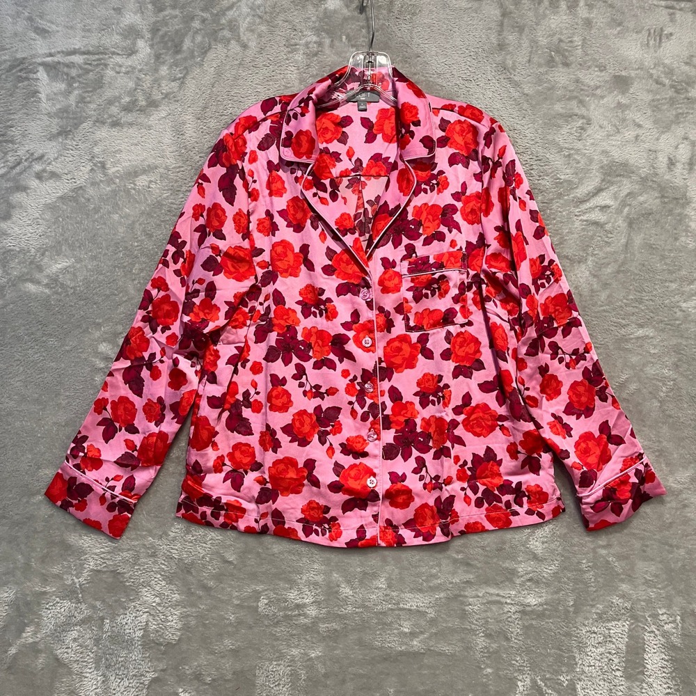 LOFT Pajama Top Women M Pink Red Floral Satin Notch Collar Button Sleep Shirt